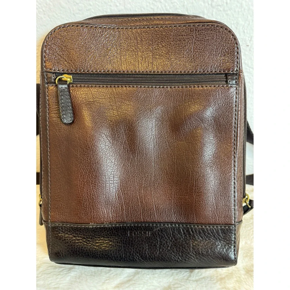 Fossil Mens Brown Rory Leather Courier Crossbody Messenger Bag Two Tone Small